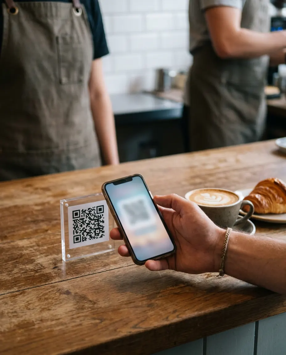 Scanning a SavEdge QR at a café counter