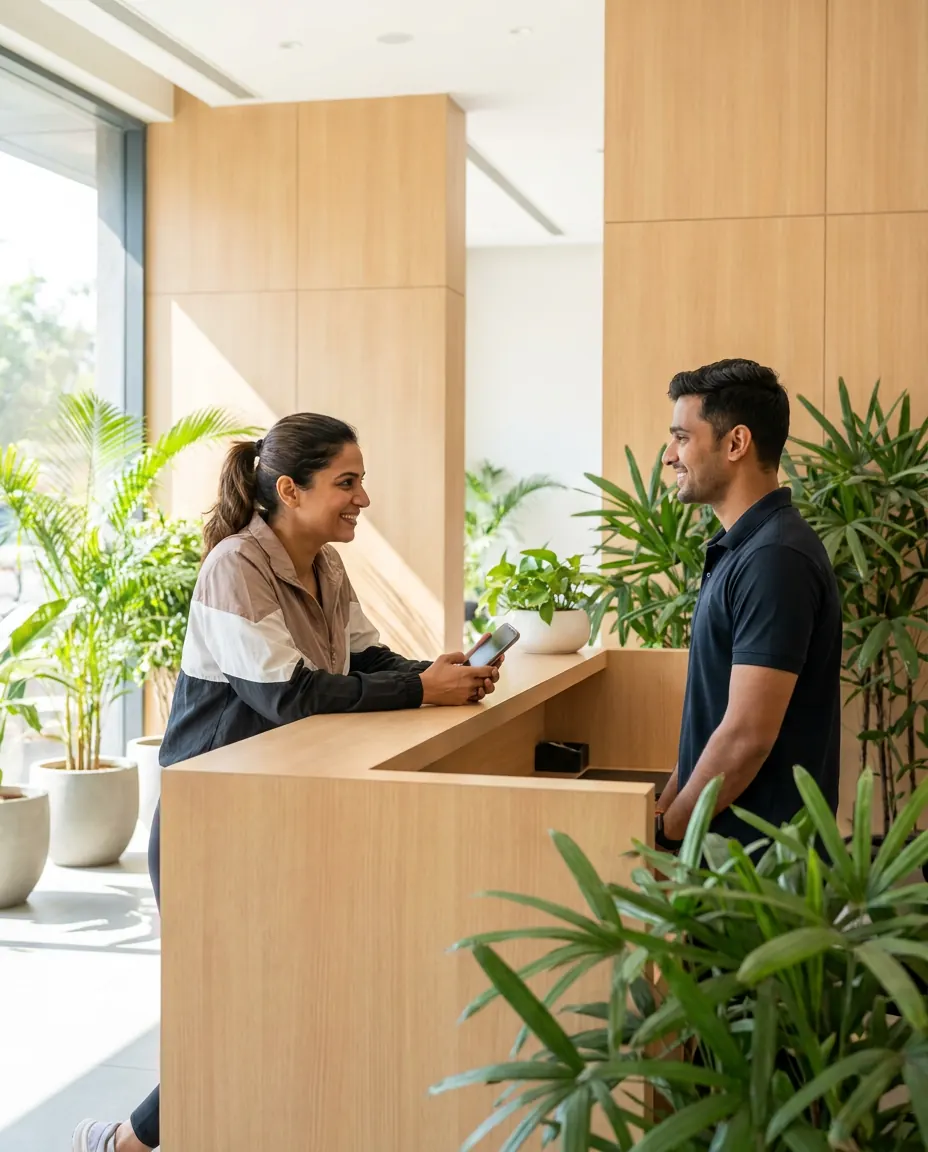 A member at a gym reception