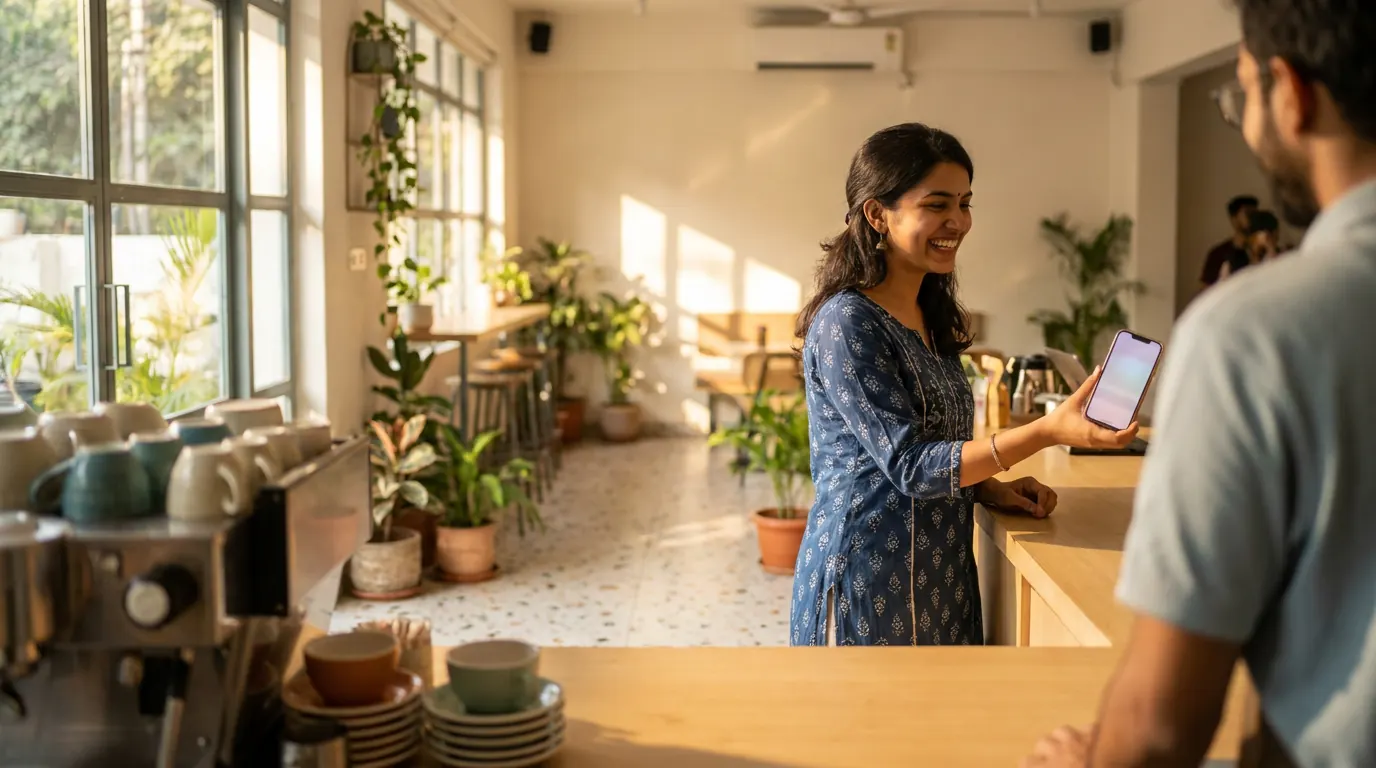 A member paying at a neighbourhood café