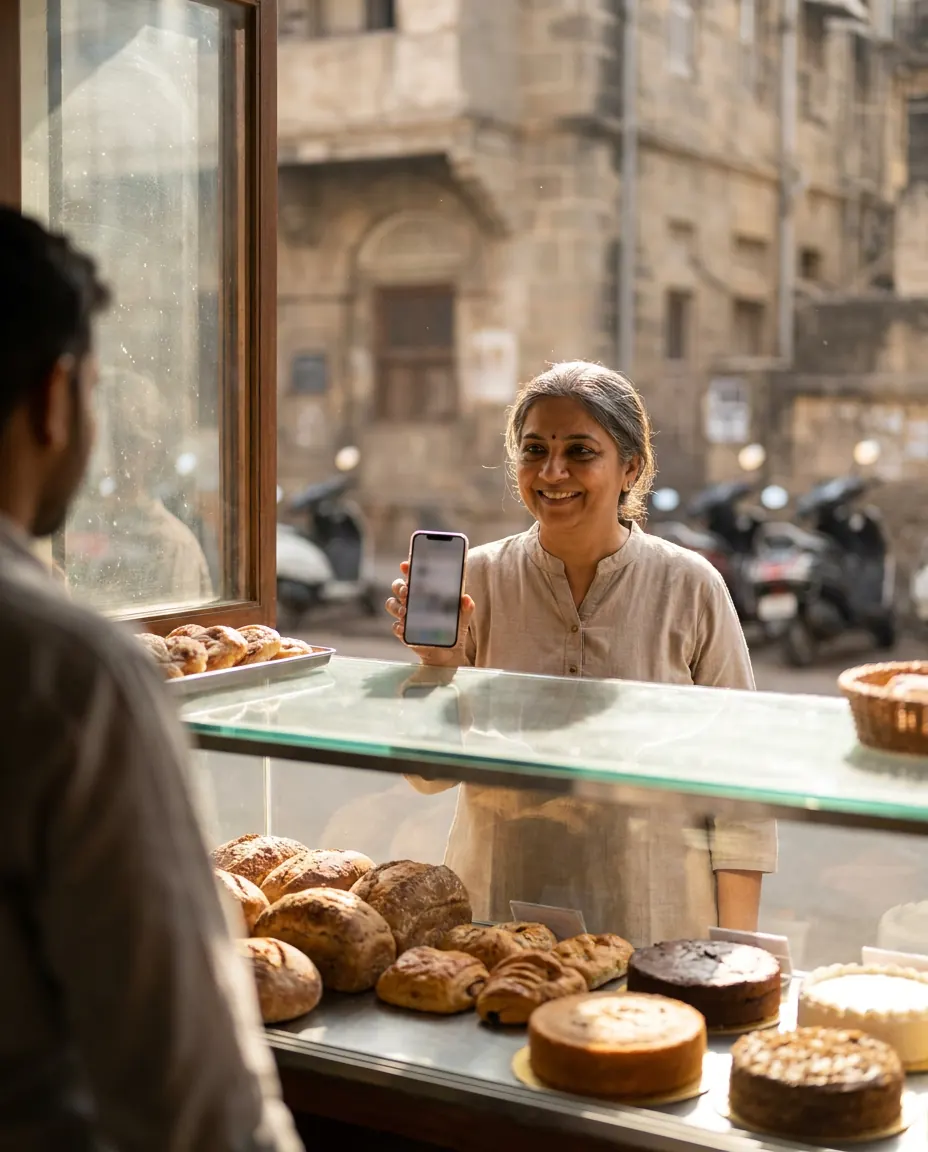 A bakery owner behind her counter