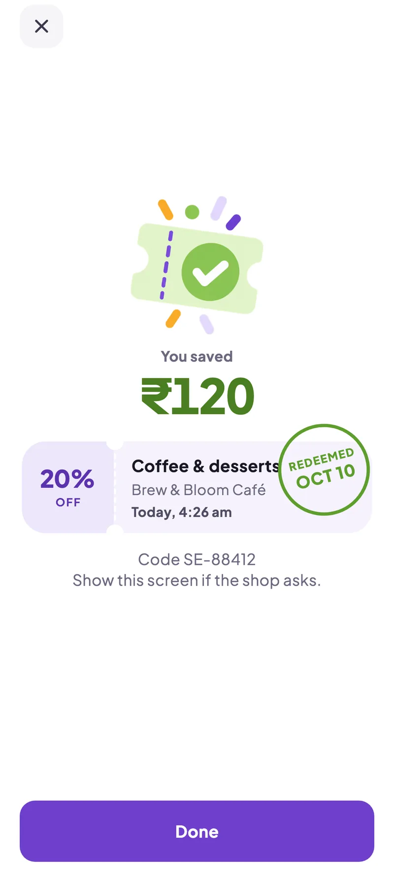 Offer redeemed: you saved ₹120